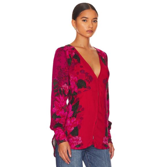 Free People Mikayla Scarlet Combo Red Printed Floral Front Hook Blouson Blouse - Picture 3 of 11